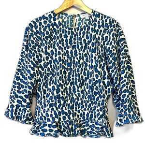 Derek Lam Crosby Leopard Ruffle Hem Top Sz 4 Animal Print Blue Maximalism Party